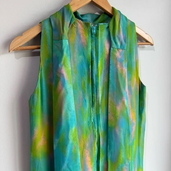 Vintage 60s Irving Nadler Watercolor Shift Dress S/M Green Sleeveless Ruffle Mod - Picture 9 of 12